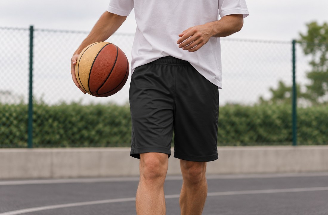 Man holding a basketball while wearing black athletic shorts