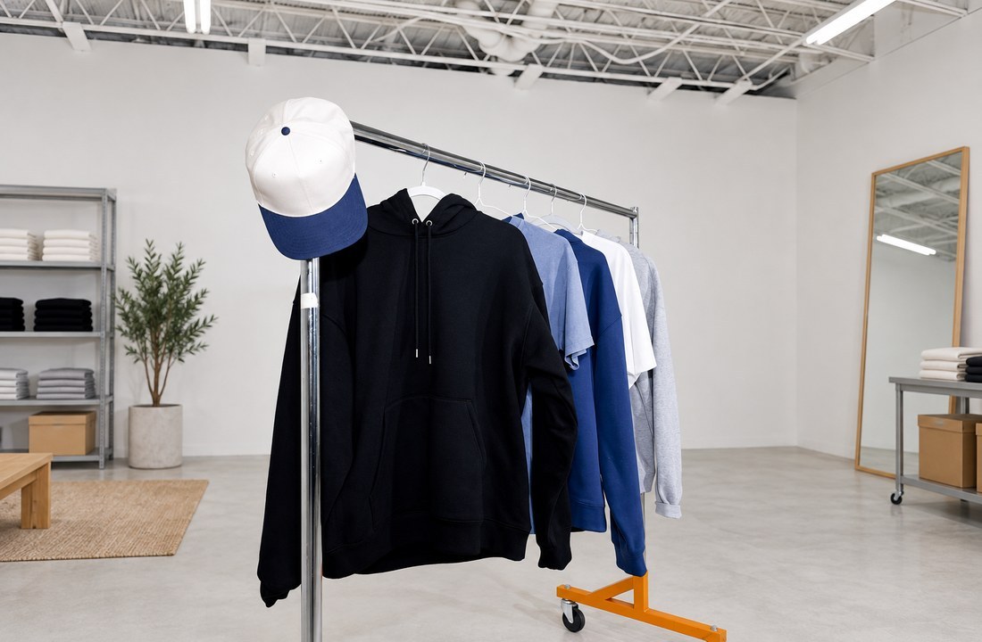 Rack of plain hoodies T-shirts and a cap in a sample room
