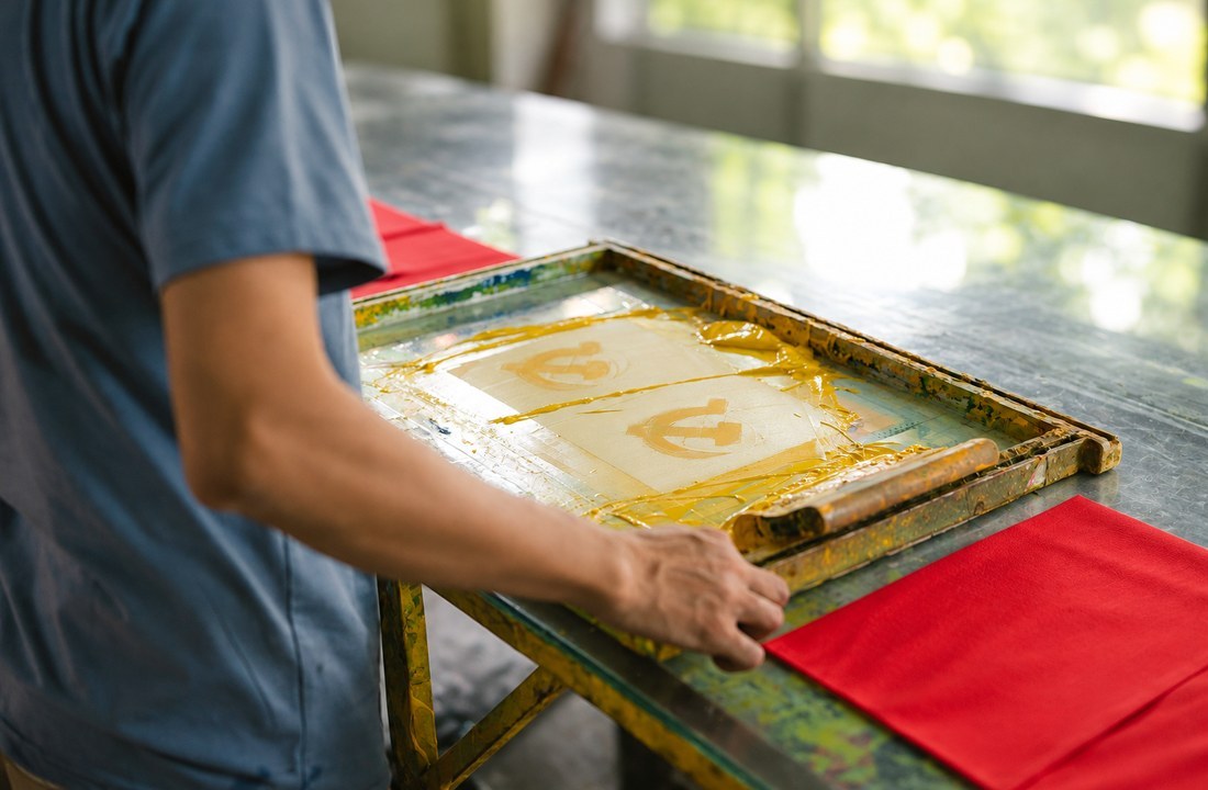 Worker pulling a screen across red fabric on a printing table