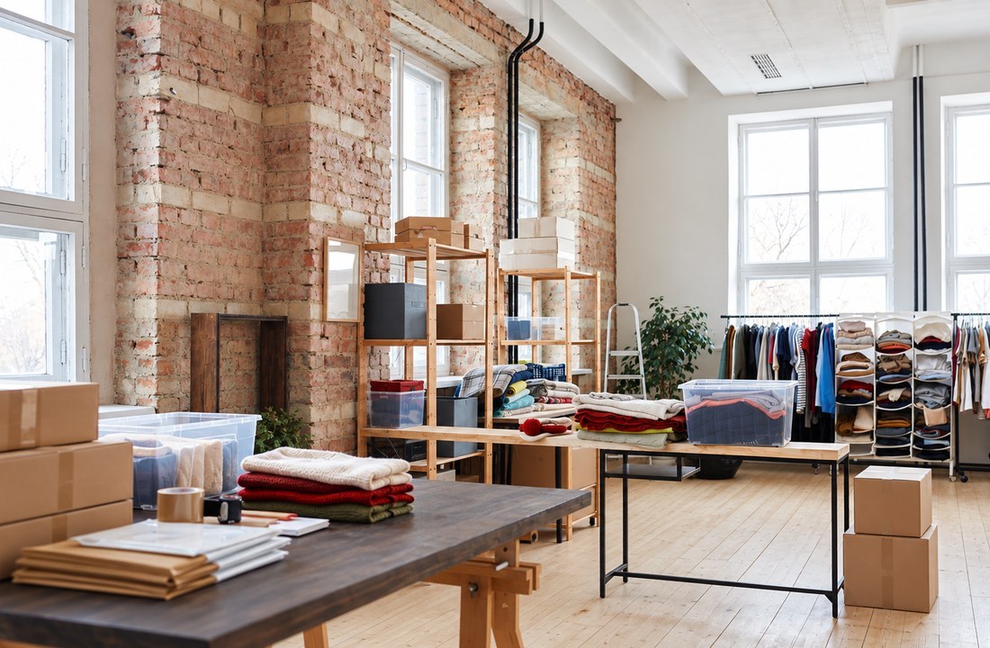 Apparel studio with garment racks folded stock cartons and packing tables