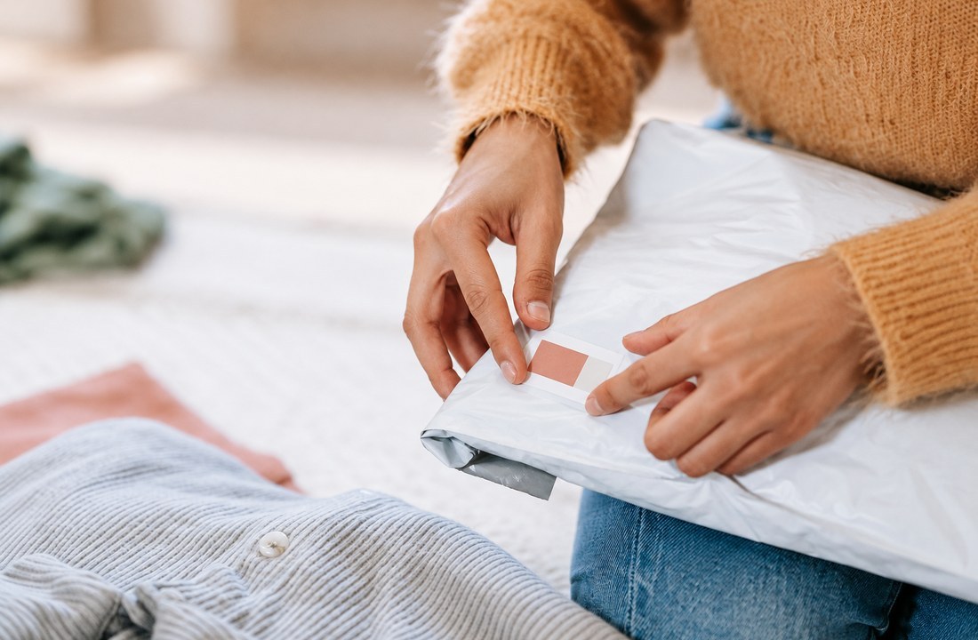 Hands applying a plain color marker to a white apparel mailer beside knitwear