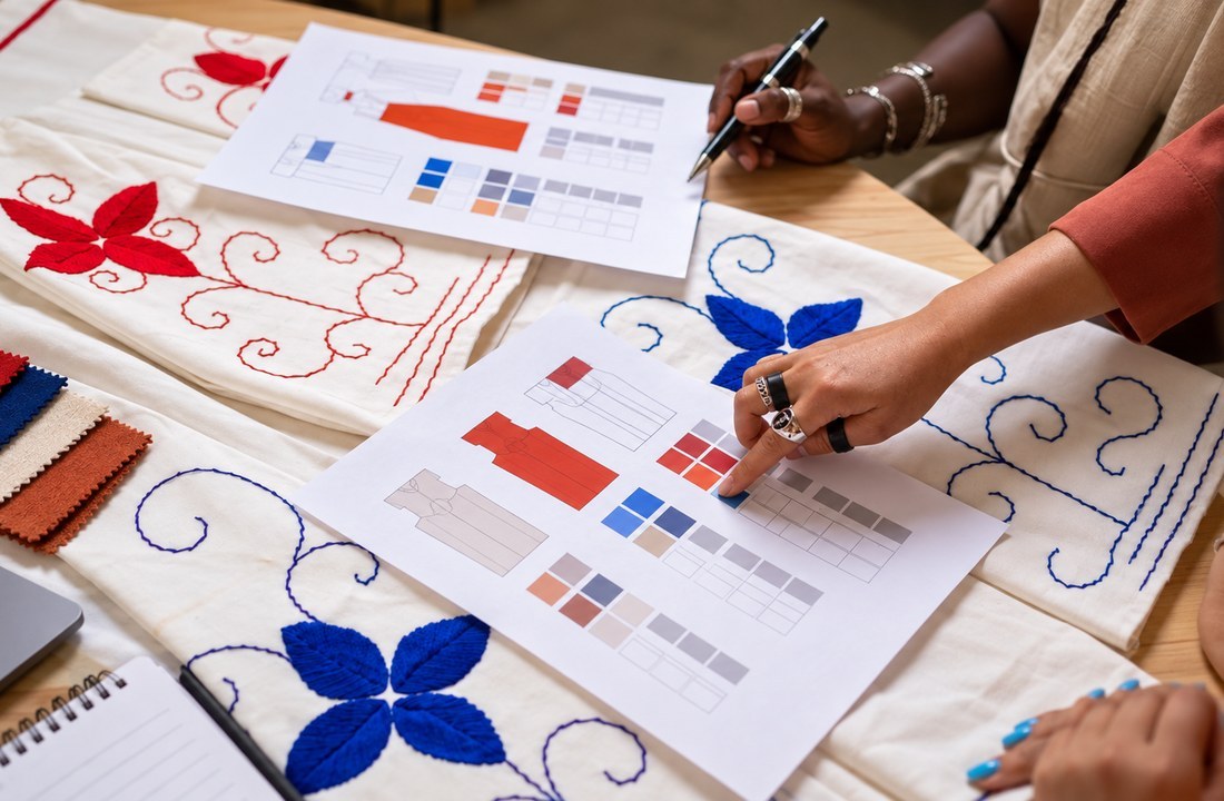 Hands reviewing color and garment allocation sheets over embroidered textiles