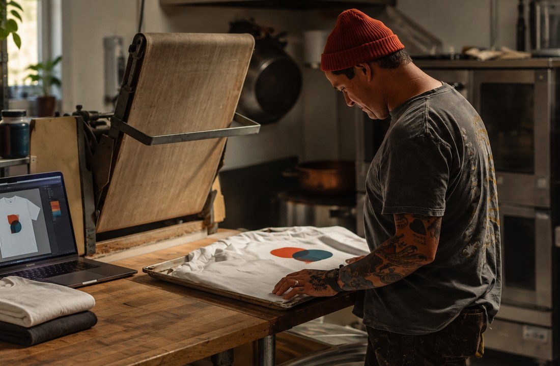 Screen printer checking a white shirt with a small two-color geometric design