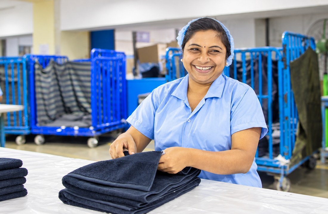 Worker folding dark textile items at a production table