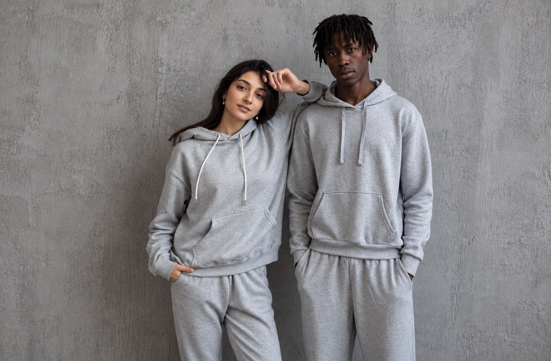 Two people wearing matching plain grey hoodies