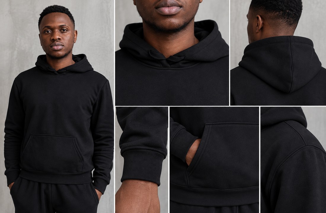 Black hoodie shown in front and construction detail views