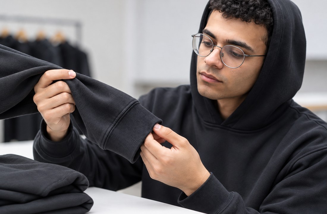 Person inspecting the cuff of a black hoodie