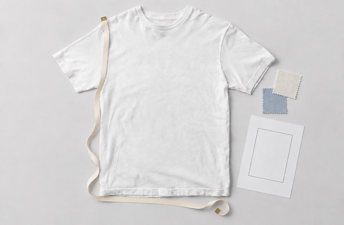Blank T-shirt sample checked with fabric swatches and a placement template
