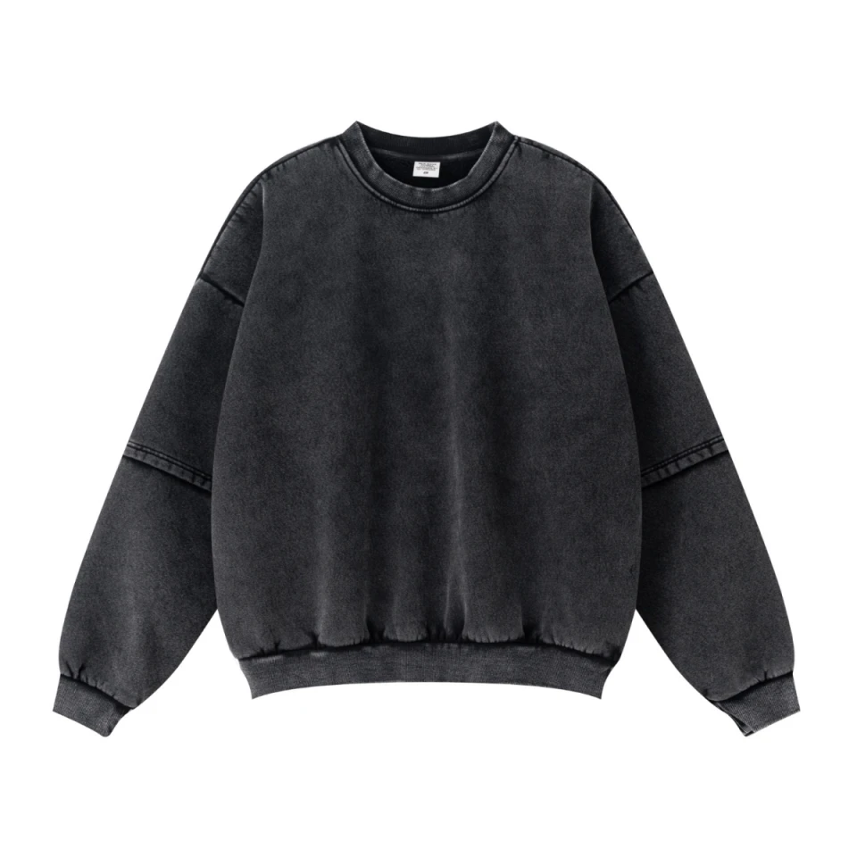 360GSM Unisex Faux-Two-Piece Distressed Snow-Wash Fleece-Lined Crew Neck Sweatshirt product preview