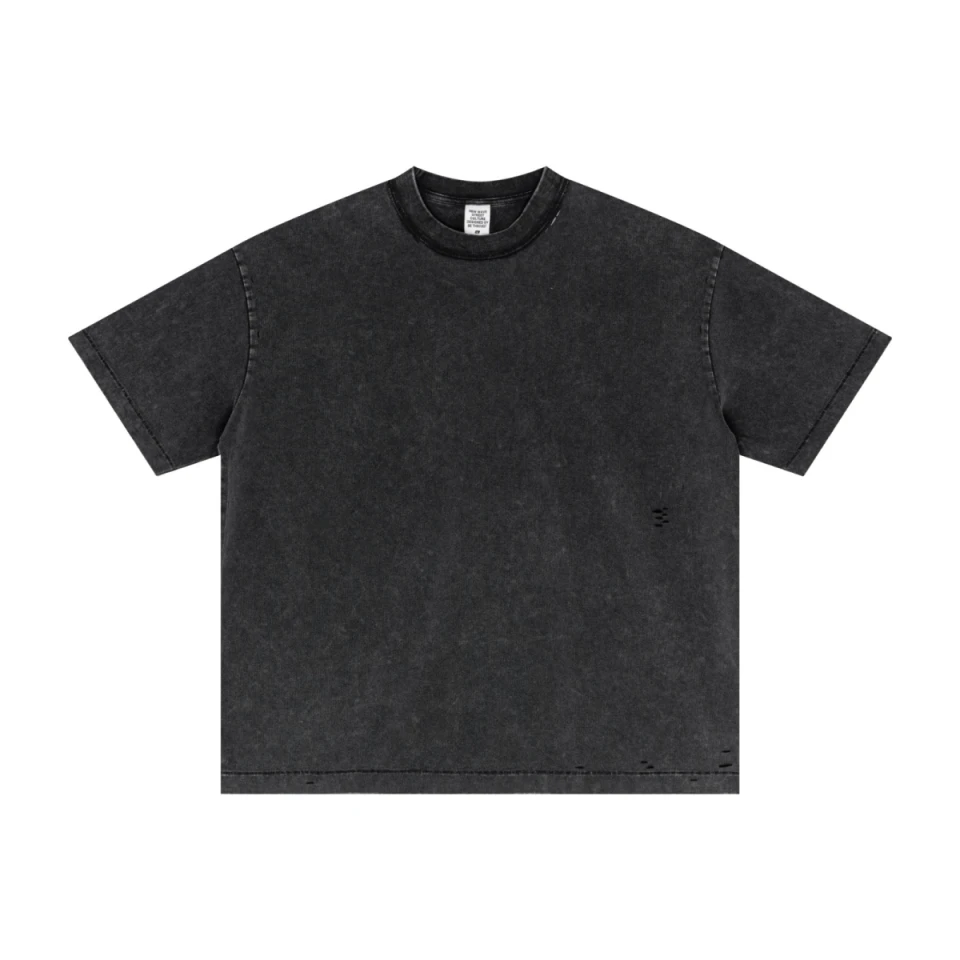 275GSM Unisex Vintage Wax-Dyed Cotton Distressed Rip T-shirt product preview