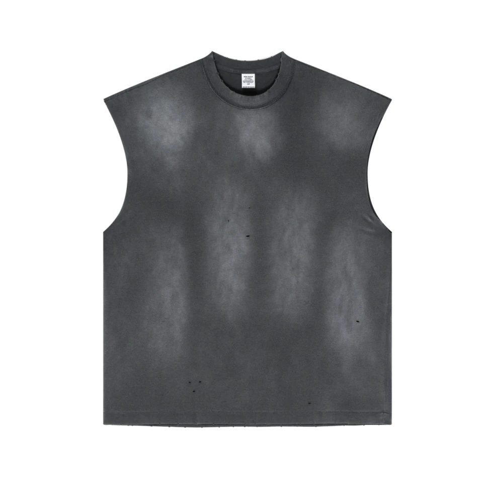 285GSM Unisex Monkey-Wash PP Spray Distressed Tank Top product preview