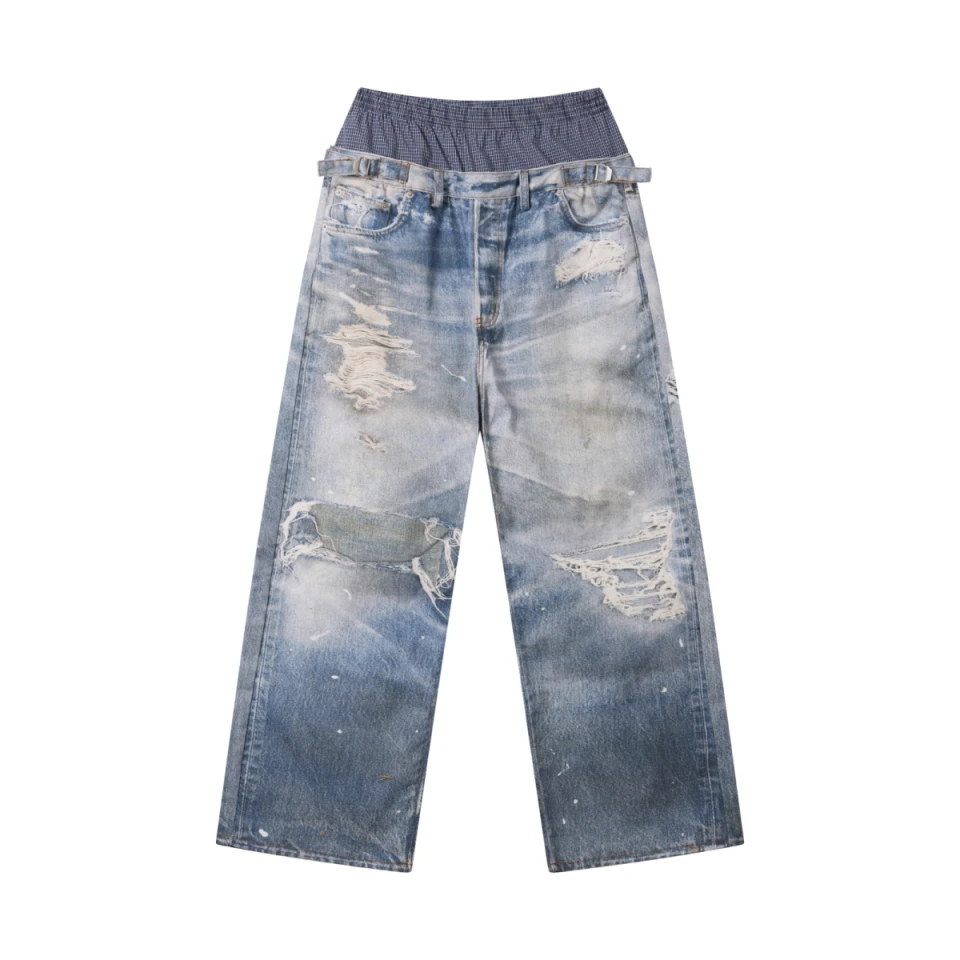 270GSM Men's Cotton Twill Denim Print Double Waist Loose Pants product preview