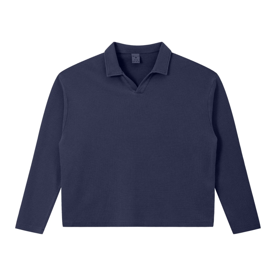 260GSM Men's Vintage Snow-Wash Boxy Waffle Open-Collar Long-Sleeve T-Shirt product preview