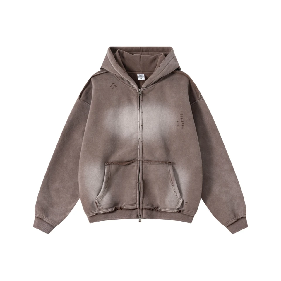 400GSM Men's Distressed Raw-Edge Zip-Up Hoodie product preview
