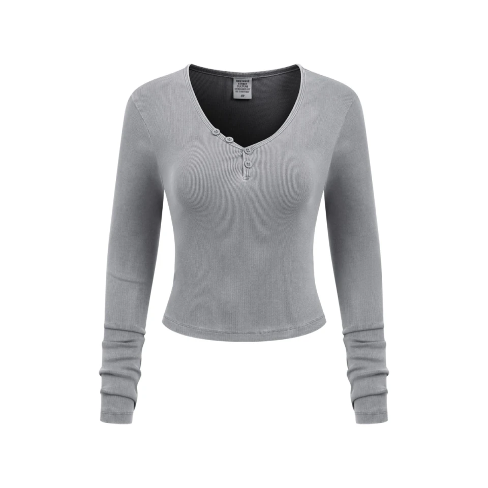 275GSM Women’s Slim-Fit V-Neck Pigment-Wash Long-Sleeve product preview