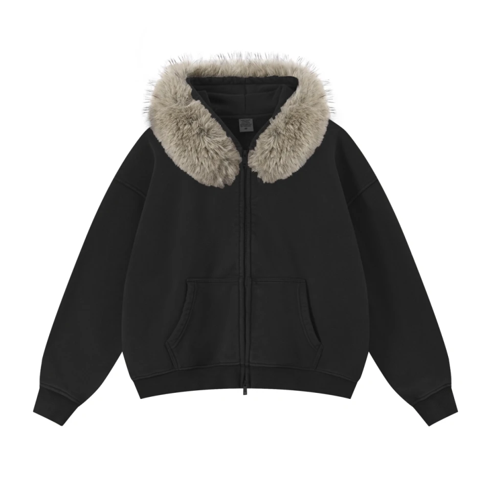 400GSM Unisex Vintage Boxyfit Faux Fur Collar Zipper Hoodie product preview